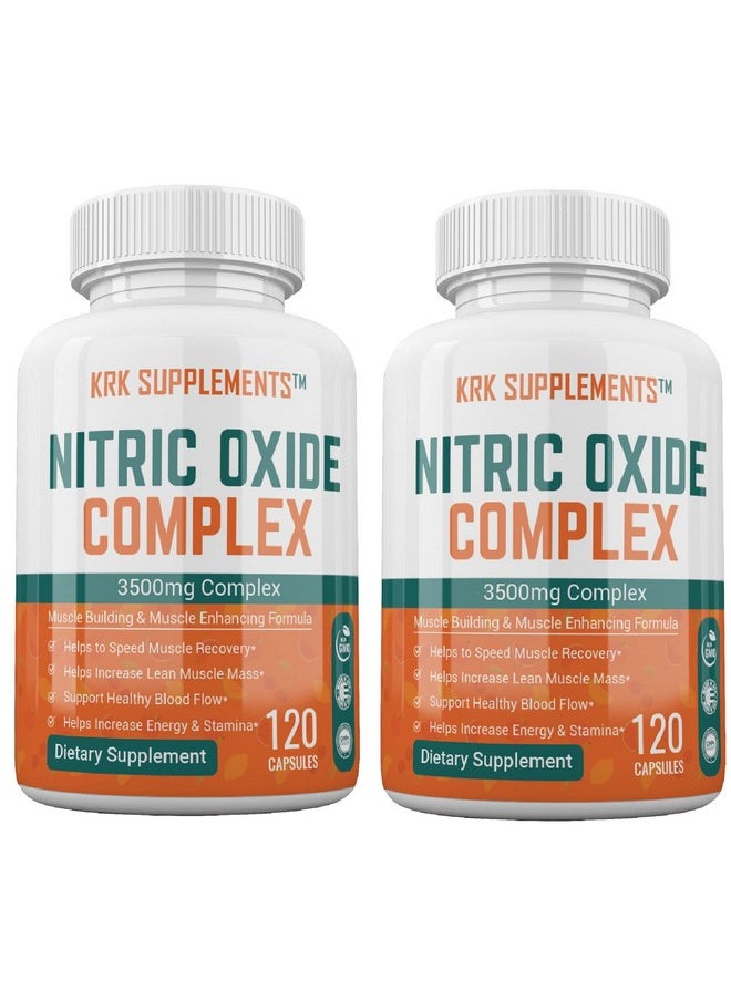 KRK SUPPLEMENTS - 2 Bottles Nitric Oxide Complex 3500Mg Per Serving Larginine Hcl Aakg Akg Alpha Ketoglutarate Citrulline Malate 240 Total Capsules - Image 1
