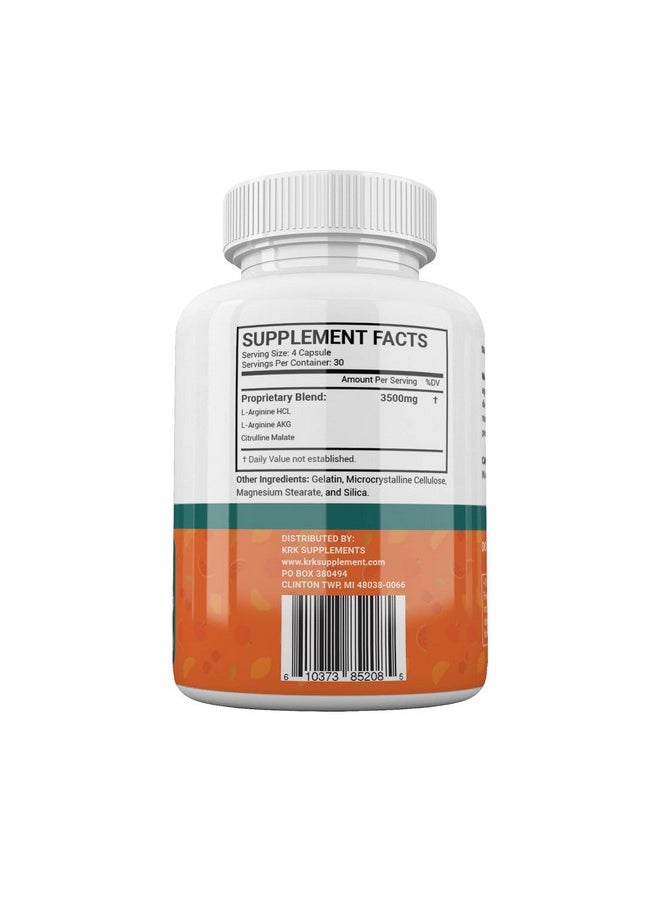 KRK SUPPLEMENTS - 2 Bottles Nitric Oxide Complex 3500Mg Per Serving Larginine Hcl Aakg Akg Alpha Ketoglutarate Citrulline Malate 240 Total Capsules - Image 1