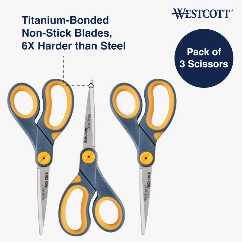 Westcott 8-Inch Titanium-Bonded Non-Stick Straight Scissors with Adjustable Glide Feature for Office and Home - Gray/Yellow, 3 Pack - Image 2