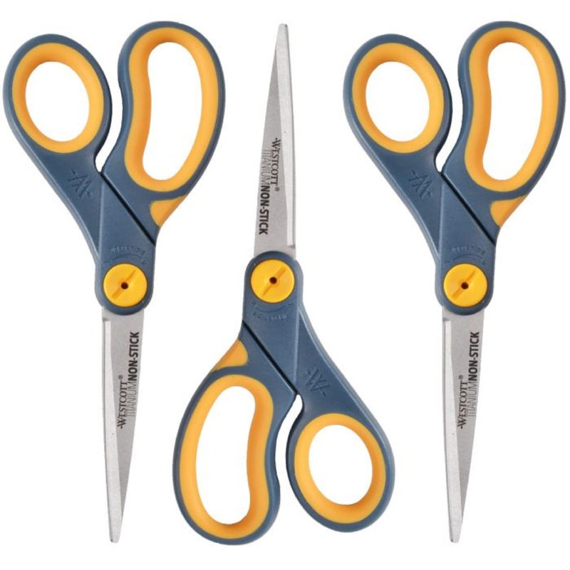 Westcott 8-Inch Titanium-Bonded Non-Stick Straight Scissors with Adjustable Glide Feature for Office and Home - Gray/Yellow, 3 Pack - Image 1