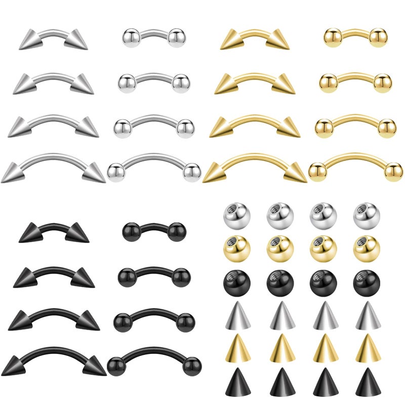 NEWITIN 48 Pieces Eyebrow Piercing Jewelry 16G Surgical Steel Curved Barbell Eyebrow Ring Vertical Labret Lip Jewelry Rook Daith Earrings Small Belly Button Ring for Women Men - Image 1