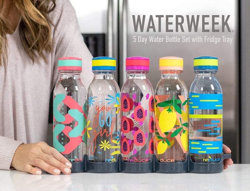 Reduce WaterWeek Reusable Water Bottle Set  20oz - Plastic Reusable Water Bottle Set of 5  Plus Fridge Tray - BPA-Free  Leak Proof Twist Off Cap - Trek - Image 2