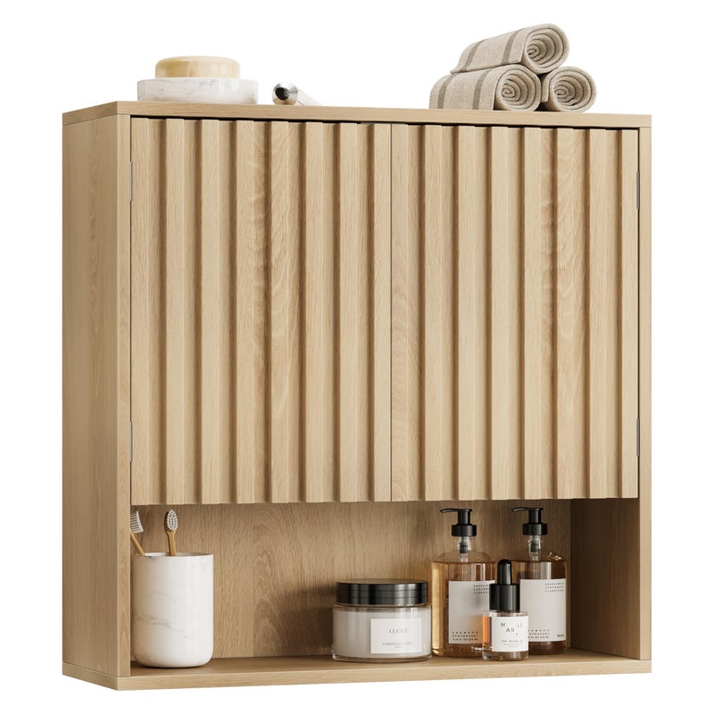 Smart FENDEE Bathroom Wall Storage Cabinet with Fluted Doors, Medicine Cabinet with Adjustable Shelf, Over The Toilet Storage Cabinet for Laundry Room & Kitchen & Living Room, Natural Oak - Image 1