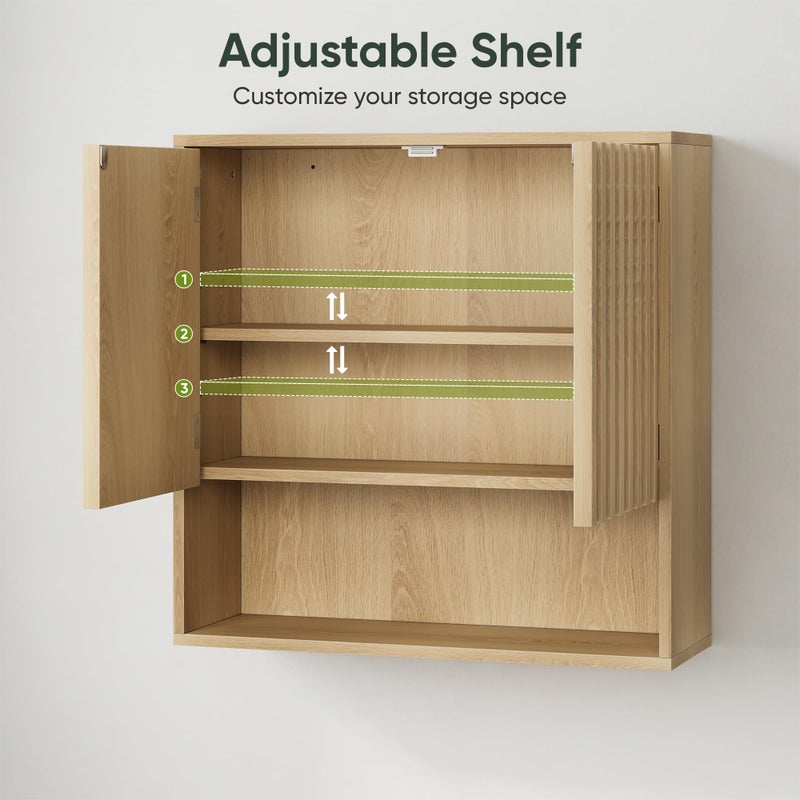 Smart FENDEE Bathroom Wall Storage Cabinet with Fluted Doors, Medicine Cabinet with Adjustable Shelf, Over The Toilet Storage Cabinet for Laundry Room & Kitchen & Living Room, Natural Oak - Image 3
