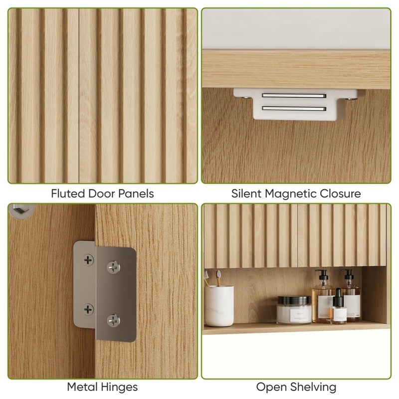 Smart FENDEE Bathroom Wall Storage Cabinet with Fluted Doors, Medicine Cabinet with Adjustable Shelf, Over The Toilet Storage Cabinet for Laundry Room & Kitchen & Living Room, Natural Oak - Image 4