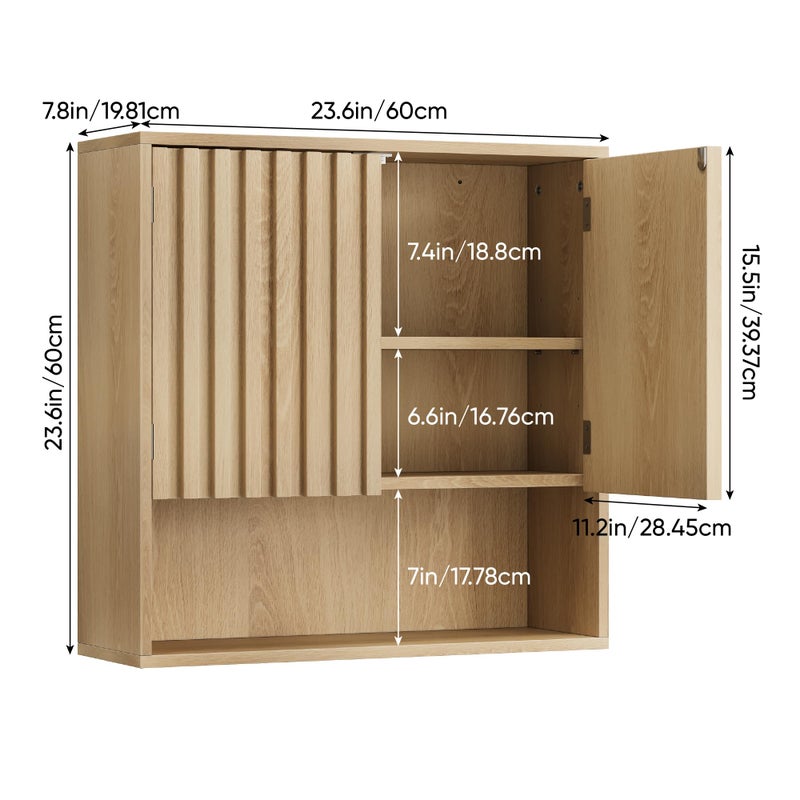 Smart FENDEE Bathroom Wall Storage Cabinet with Fluted Doors, Medicine Cabinet with Adjustable Shelf, Over The Toilet Storage Cabinet for Laundry Room & Kitchen & Living Room, Natural Oak - Image 2