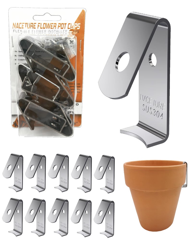 NACETURE 12 Pack Stainless Steel Plant Hangers Flower Pot Clips - Outdoor Wall Hook Metal Plant Stand Holds 5" to 8" Standard Flower Pot - Image 1