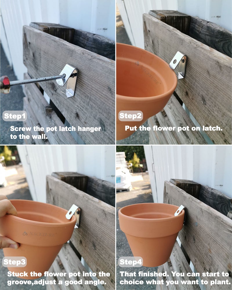 NACETURE 12 Pack Stainless Steel Plant Hangers Flower Pot Clips - Outdoor Wall Hook Metal Plant Stand Holds 5" to 8" Standard Flower Pot - Image 4