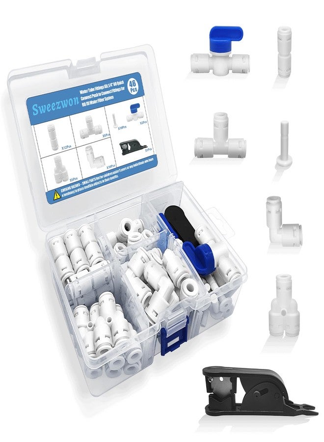 Sweezwon Water Tube Fittings Kit,1/4" OD Quick Connect Push to Connect Fittings for RO/DI Water Filter System(Ball Valve+ T+ I+ L+ Y+ Professional Tubing Cutter,46Pcs) - Image 1