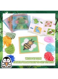 Pllieay 10-In-1 Cross Stitch Beginner Kit For Kids, Embroidery Kit Includes 10Pcs Plastic Mesh Canvas With Pattern, 15 Yarns, 5 Weaving Needles, Needle Points Starter Kit Sewing Set With Instructions  - Image 2