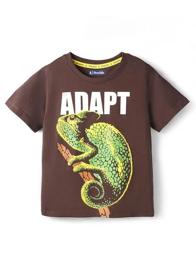 Pine Kids Pine Kids Cotton Knit Half Sleeves T-Shirt with Chameleon Print - Brown