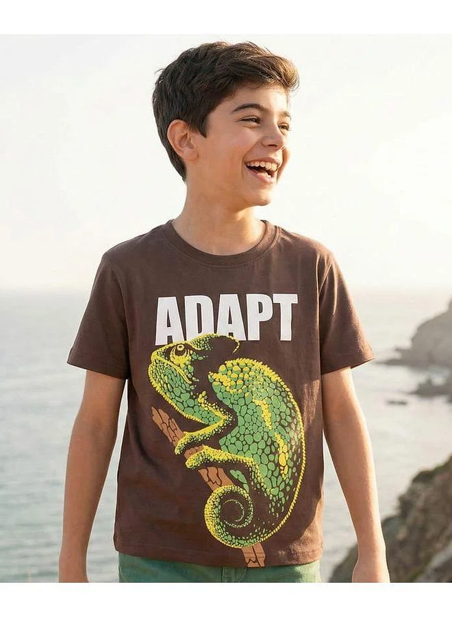 Pine Kids Pine Kids Cotton Knit Half Sleeves T-Shirt with Chameleon Print - Brown