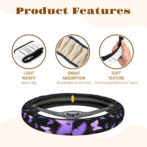 KWSAAHU Steering Wheel Cover Accessories Neoprene Cover, Breathable Non-Slip Easy to Install Suitable for Women Men, 14.5-15.5 Inch for Car SUV Van Truck Universal - Butterfly - Image 3