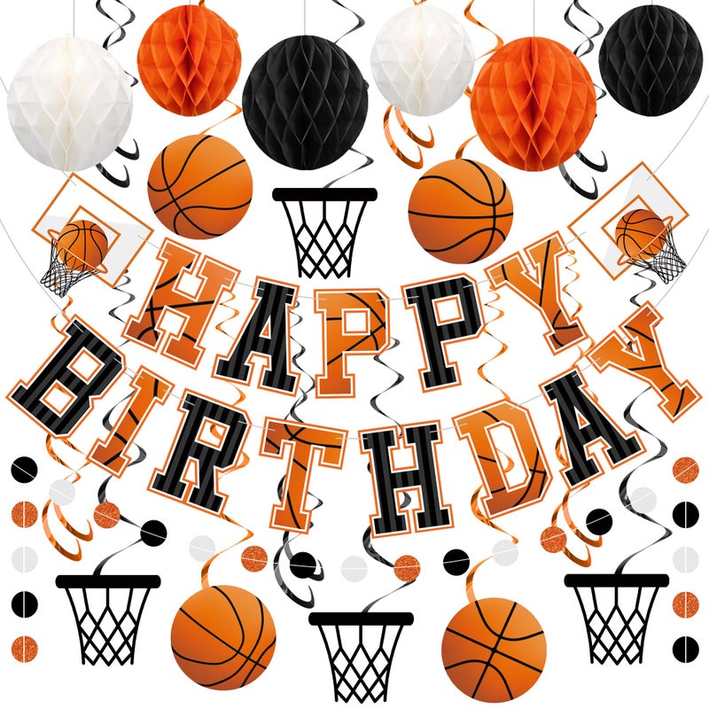 Maniaacer Pre-strung Basketball Birthday Party Decorations Basketball Happy Birthday Banner with Honeycomb Balls Basketballs Hoops Hanging Swirls Circle Dots Garland for Boys Men Sports Theme Party Decor - Image 1