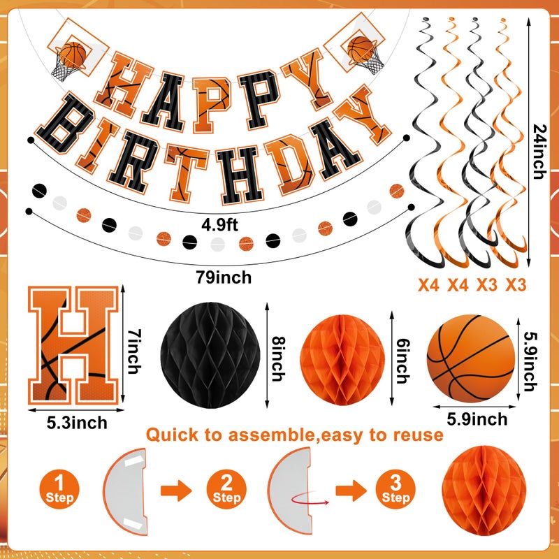 Maniaacer Pre-strung Basketball Birthday Party Decorations Basketball Happy Birthday Banner with Honeycomb Balls Basketballs Hoops Hanging Swirls Circle Dots Garland for Boys Men Sports Theme Party Decor - Image 2