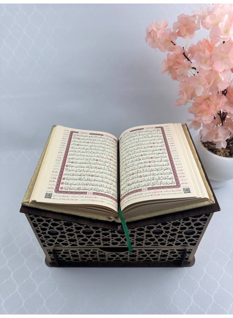 Samrix Quran Stand:  This Quran stand is a wooden reading stand with a drawer underneath for storing the Quran.  ✔ Elegant wooden Quran stand ✔ Sturdy stand to hold the Quran securely while reading ✔ Includes a drawer underneath for storing the Quran ✔ High-quality wood for durability ✔ Practical design facilitates extended reading sessions ✔ Suitable for homes and offices ✔ A wonderful gift for religious occasions ✔ Elegant design that complements any interior décor ✔ Keeps the Quran clean and organized ✔ Can be placed on tables or floors ✔ Suitable for daily reading and study ✔ A practical and artistic piece that adds a touch of beauty ✔ Designed for ease of use ✔ An ideal choice for family and friends ✔ A sophisticated and elegant religious gift - Image 2