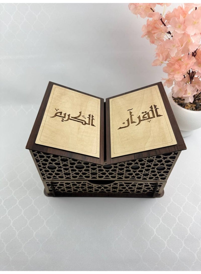 Samrix Quran Stand:  This Quran stand is a wooden reading stand with a drawer underneath for storing the Quran.  ✔ Elegant wooden Quran stand ✔ Sturdy stand to hold the Quran securely while reading ✔ Includes a drawer underneath for storing the Quran ✔ High-quality wood for durability ✔ Practical design facilitates extended reading sessions ✔ Suitable for homes and offices ✔ A wonderful gift for religious occasions ✔ Elegant design that complements any interior décor ✔ Keeps the Quran clean and organized ✔ Can be placed on tables or floors ✔ Suitable for daily reading and study ✔ A practical and artistic piece that adds a touch of beauty ✔ Designed for ease of use ✔ An ideal choice for family and friends ✔ A sophisticated and elegant religious gift - Image 1