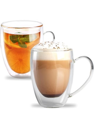 Kazomo Premium Double Wall Glass Coffee Mugs Set of 2 | 350ml Clear Insulated Heat Resistant Glass Cups with Handle for Latte, Cappuccino, Tea, Coffee, Hot Chocolate & Iced Drinks