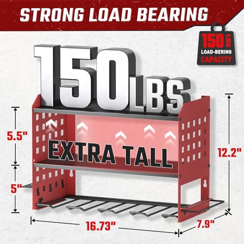 SUNALLY Power Tool Organizer Heavy Duty Wall Mount Tool Organizer 3 Layers with 4 Drill Holders Garage Tools Storage Rack with 2 Side Pegboards and Hooks for Workshop Shed Red - Image 3
