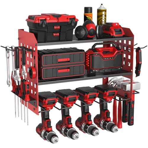 SUNALLY Power Tool Organizer Heavy Duty Wall Mount Tool Organizer 3 Layers with 4 Drill Holders Garage Tools Storage Rack with 2 Side Pegboards and Hooks for Workshop Shed Red - Image 1
