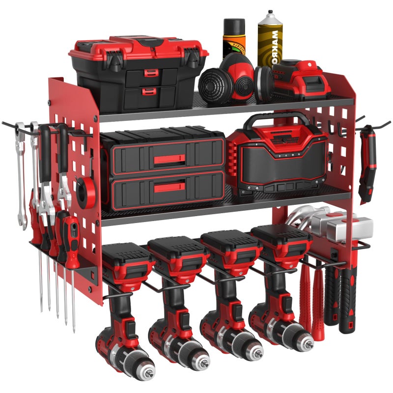 SUNALLY Power Tool Organizer Heavy Duty Wall Mount Tool Organizer 3 Layers with 4 Drill Holders Garage Tools Storage Rack with 2 Side Pegboards and Hooks for Workshop Shed Red - Image 2