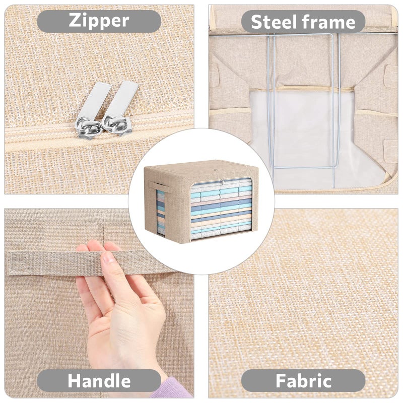 FHSQX 2 Pack Clear Window Storage Bins - Large Stackable Linen Fabric Storage for Clothes Foldable Container Organizer Set with Carrying Handles (Beige, 19.7x 15.7x 12.6 Inch) - Image 3
