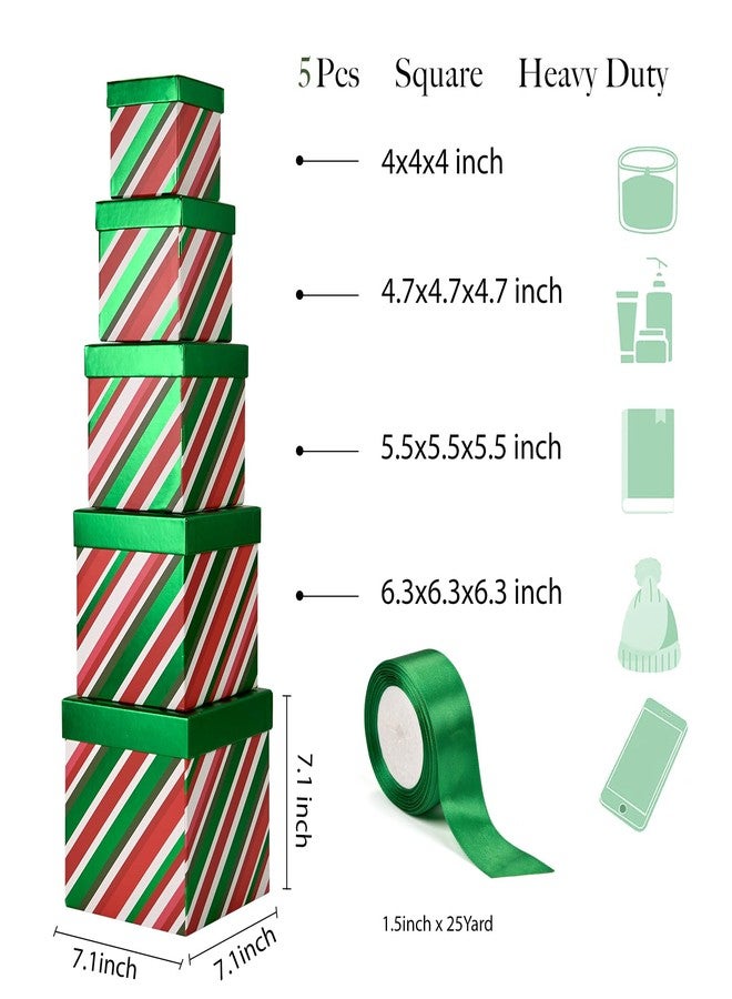 PAPER FAIR 5PCS Christmas Nesting Gift Boxes with Lid, Xmas Nested Box Set, 5 Sizes, Square Stackable, Green Red Stripe Paper Box Tower Décor with Satin Ribbon, for Holiday Thanksgiving New Year - Image 5