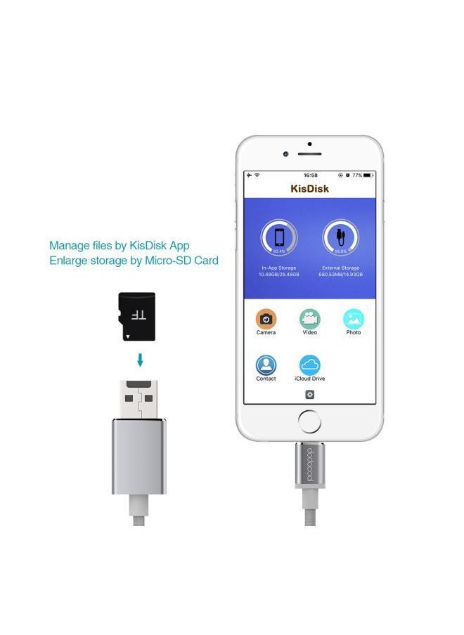 NIBEMINENT - Lightning To USB-A 2.0 Cable With Micro SD Card Slot Grey - Image 1