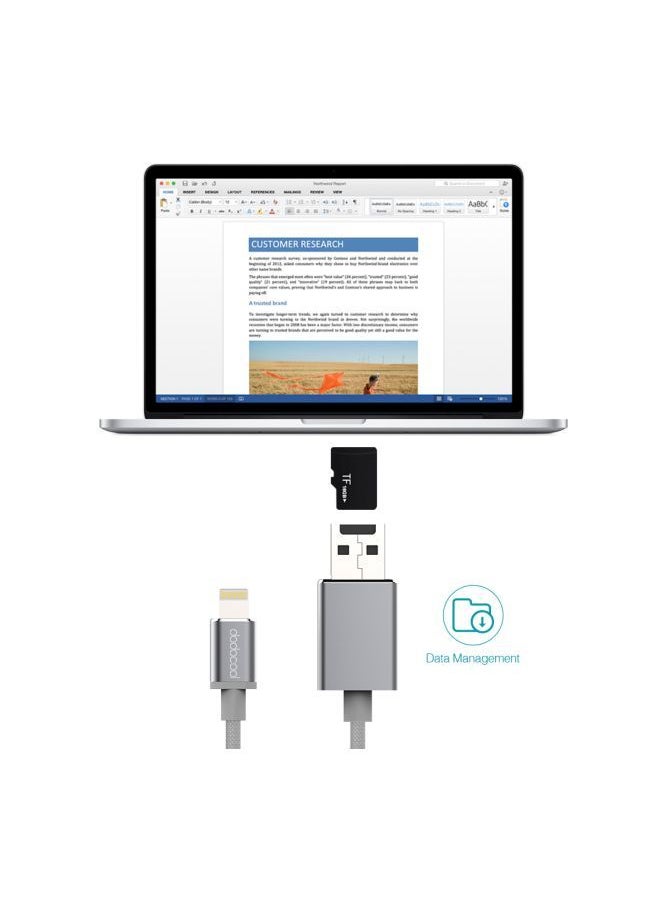 NIBEMINENT - Lightning To USB-A 2.0 Cable With Micro SD Card Slot Grey - Image 1