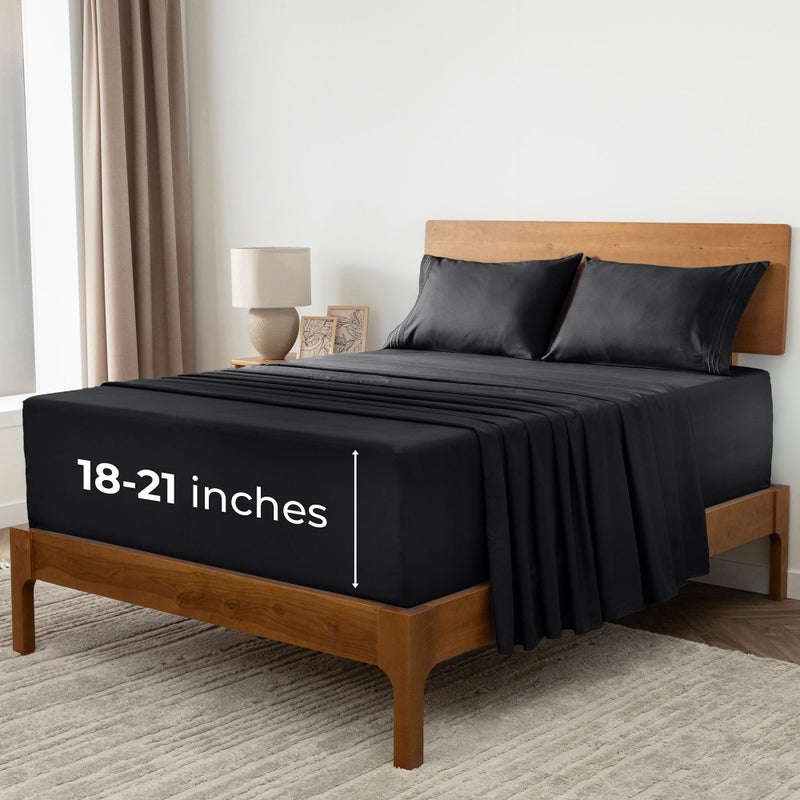 ميلاني Mellanni Extra Pocket Pocket King Sheet Set - 4 قطع أوراق الفراش الأيقونية وألواح وسادات - صفائح سرير تبريد ناعمة فاخرة - جيب عميق إضافي حتى 21 "" (Cal King Black) - Image 1