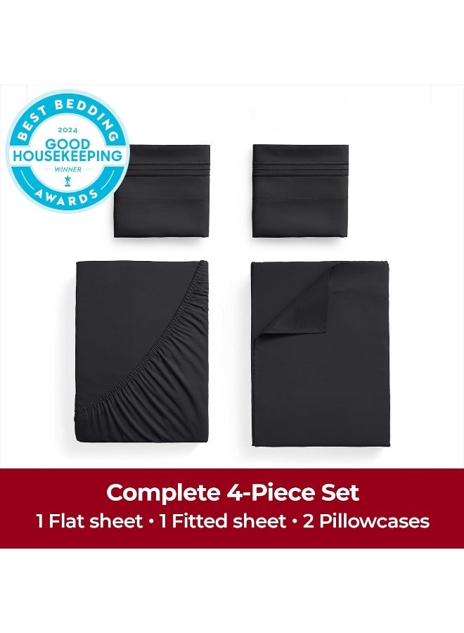 ميلاني Mellanni Extra Pocket Pocket King Sheet Set - 4 قطع أوراق الفراش الأيقونية وألواح وسادات - صفائح سرير تبريد ناعمة فاخرة - جيب عميق إضافي حتى 21 "" (Cal King Black) - Image 4