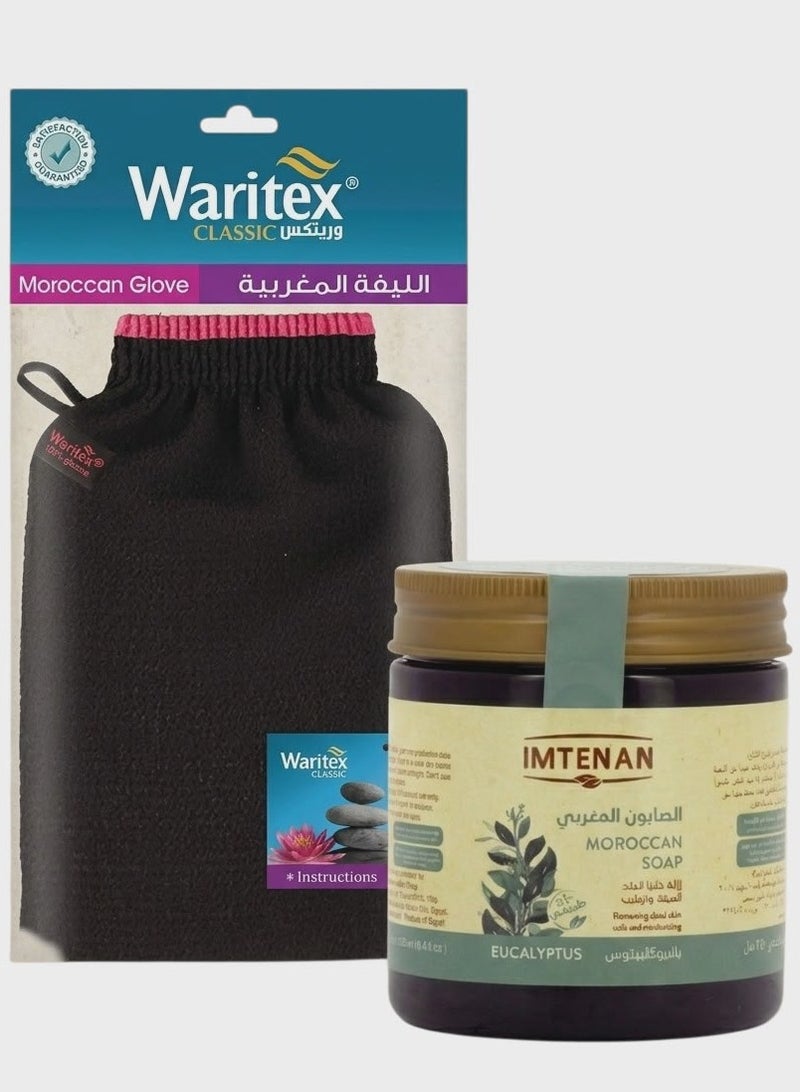 Moroccan Bath Set - Imtenan Eucalyptus Oil Soap 250ml & Waritex Moroccan Loofah - Image 1