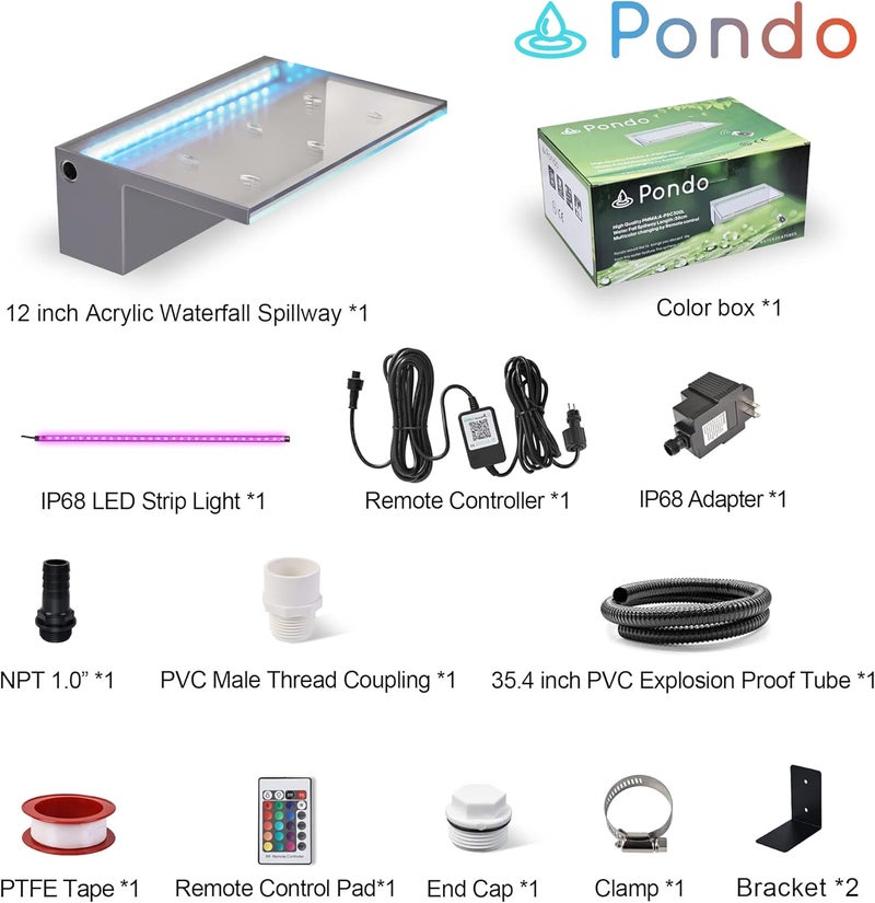 PONDO 12'' APP Pool Waterfall with 16 Colors LED Lights, Acrylic Pond Fountain Set for Outdoor Decorations, Patio Waterfall Spillway Kit on The Wall for Garden, Easy Installation - Image 4