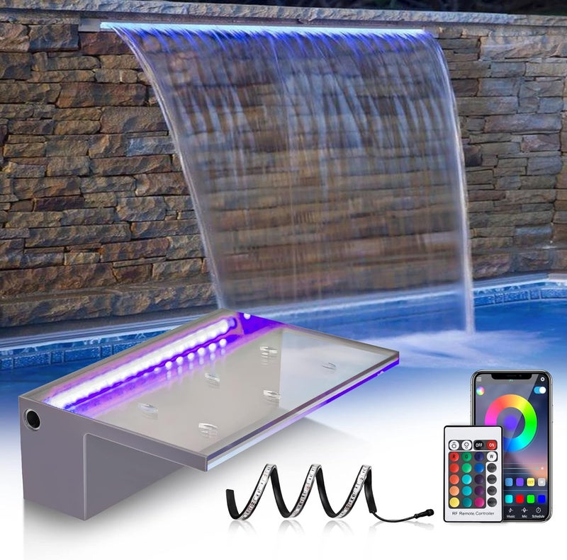 PONDO 12'' APP Pool Waterfall with 16 Colors LED Lights, Acrylic Pond Fountain Set for Outdoor Decorations, Patio Waterfall Spillway Kit on The Wall for Garden, Easy Installation - Image 1