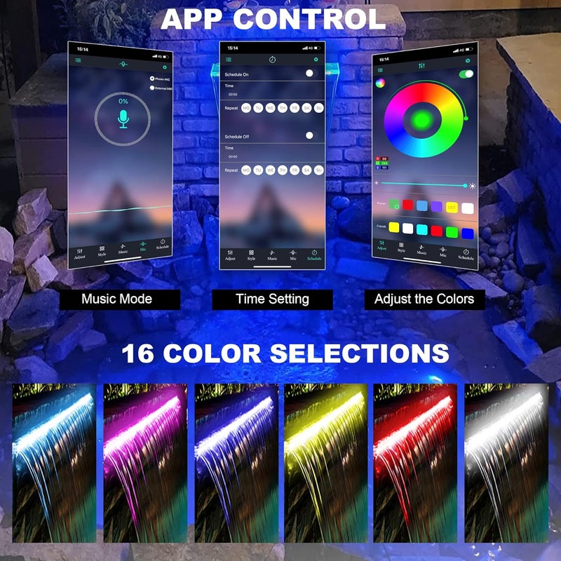 PONDO 12'' APP Pool Waterfall with 16 Colors LED Lights, Acrylic Pond Fountain Set for Outdoor Decorations, Patio Waterfall Spillway Kit on The Wall for Garden, Easy Installation - Image 2