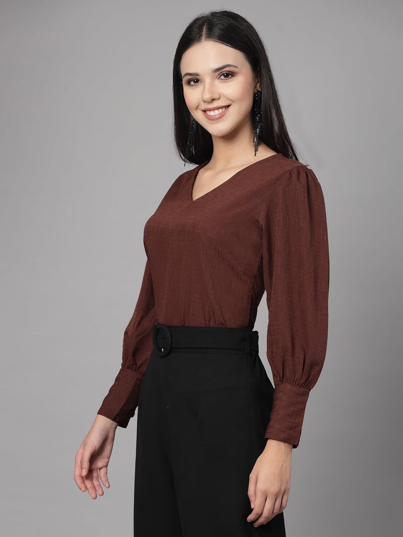 Style Quotient Women Brown Self Design Polyester Regular Smart Casual Top - Image 3