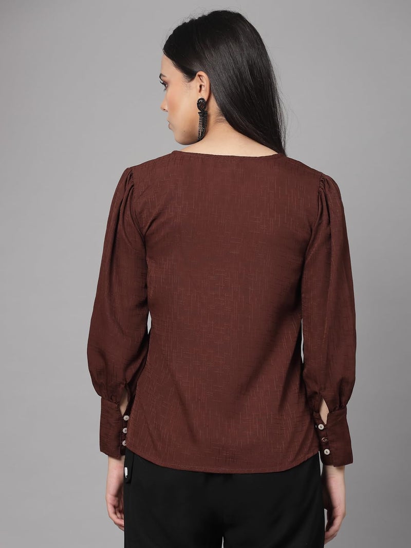 Style Quotient Women Brown Self Design Polyester Regular Smart Casual Top - Image 4