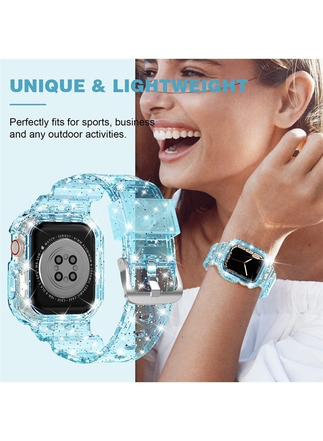 XYF Compatible for Crystal Clear Apple Watch Bands, 45mm 44mm 42mm 41mm 40mm 38mm with Bumper Case for Women Jelly Sport Case and Band for iWatch Series 8 7 SE/6 5 4 3 2 1 (GlitterBlue, 38/40/41mm) - Image 2