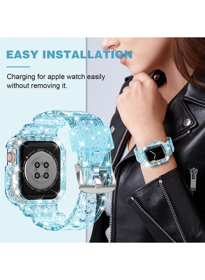 XYF Compatible for Crystal Clear Apple Watch Bands, 45mm 44mm 42mm 41mm 40mm 38mm with Bumper Case for Women Jelly Sport Case and Band for iWatch Series 8 7 SE/6 5 4 3 2 1 (GlitterBlue, 38/40/41mm) - Image 3