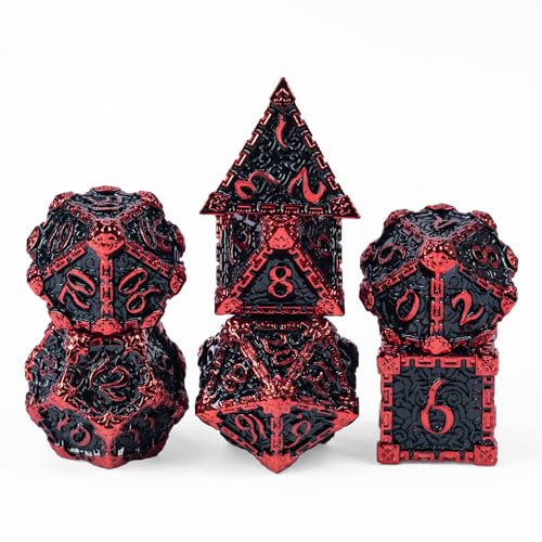 Cusdie 7Pcs Metal Dice with Metal Box Dagger Design Polyhedral DND Dice Set for Role Playing Game DD Dice Black with Red Font - Image 1
