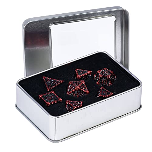 Cusdie 7Pcs Metal Dice with Metal Box Dagger Design Polyhedral DND Dice Set for Role Playing Game DD Dice Black with Red Font - Image 5
