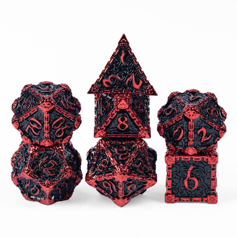 Cusdie 7Pcs Metal Dice with Metal Box Dagger Design Polyhedral DND Dice Set for Role Playing Game DD Dice Black with Red Font - Image 4