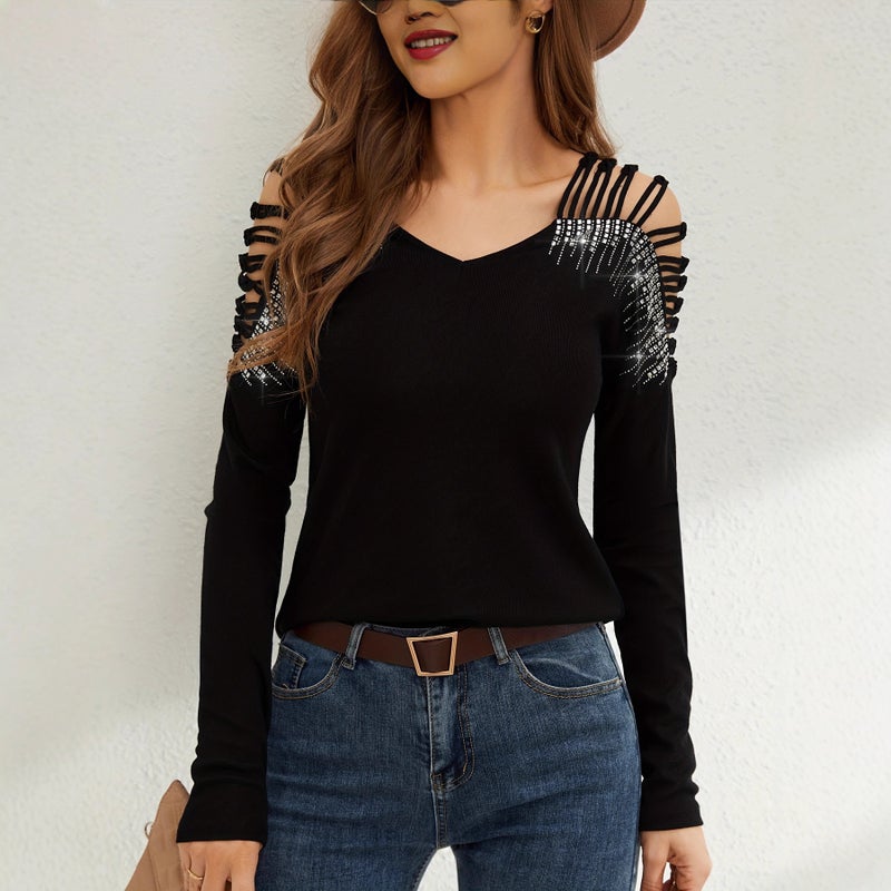 Women's V-Neck Rhinestone Lace Long Sleeve T-Shirt - Image 3