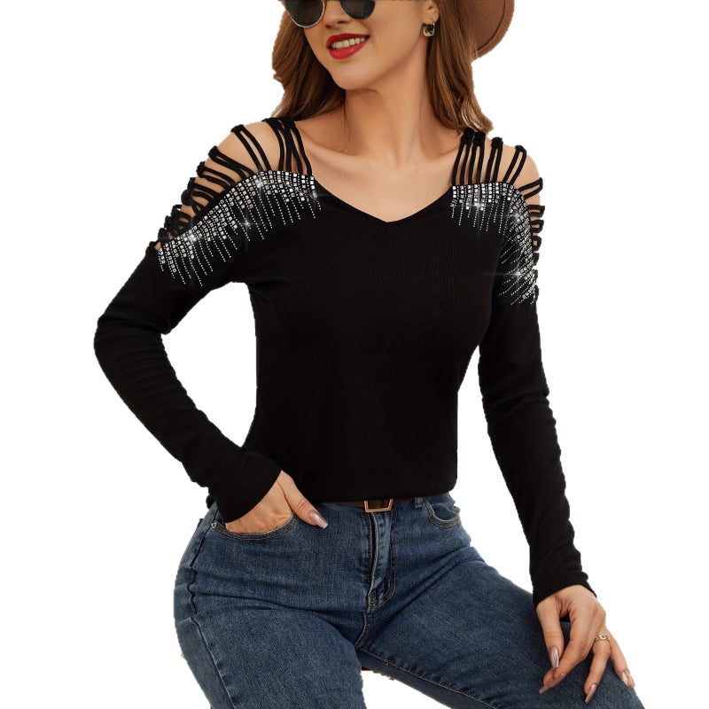 Women's V-Neck Rhinestone Lace Long Sleeve T-Shirt - Image 5