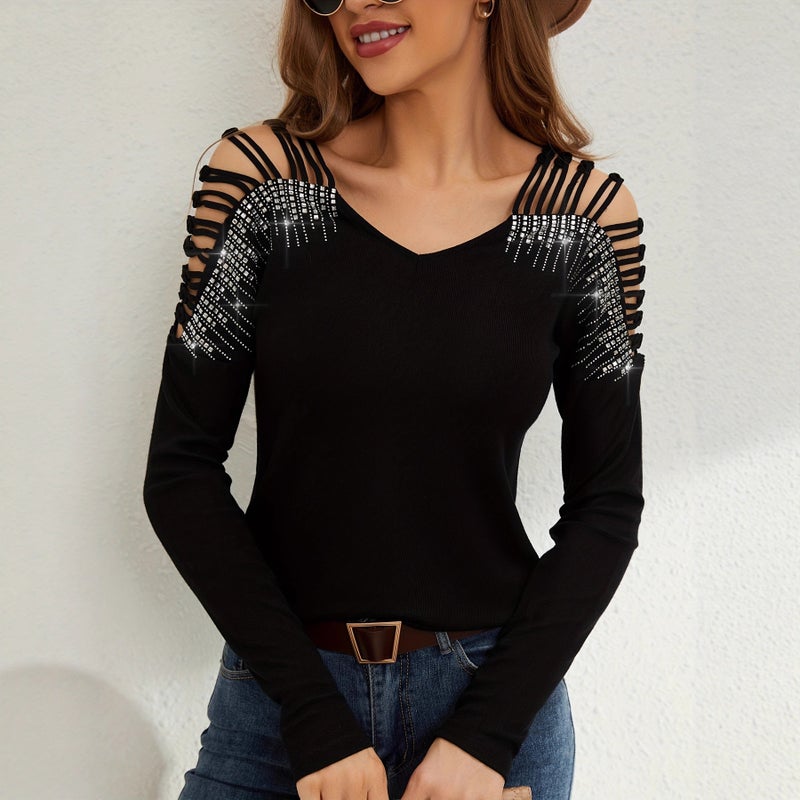 Women's V-Neck Rhinestone Lace Long Sleeve T-Shirt - Image 1