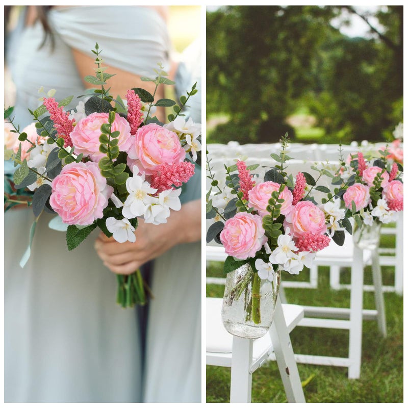 HO2NLE Artificial Silk Flowers Artificial Flowers Bouquets Pink Florals Arrangements Faux Peony Faux Flower Stems for Spring Wedding Bride Home Table Centerpiece Farmhouse Decorations (16PCS) - Image 2