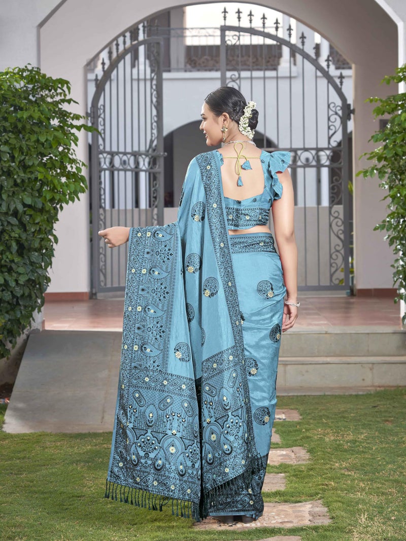MANOHARI Women's Most Trendy Banarasi Woven Light Blue Saree With Heavy Jacquard Work Saree With Blouse Piece - Image 4