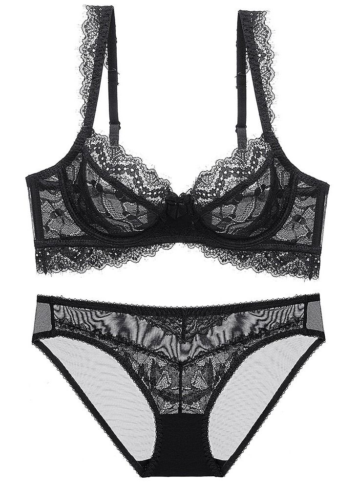 Loquat Comfy Solid Color Ultra Thin Cup Lace Bra And Panty Set Black 