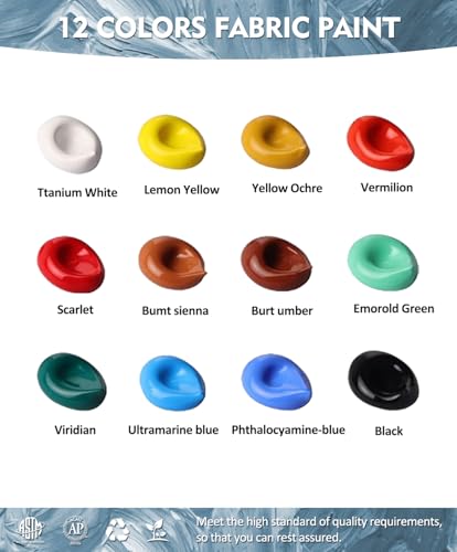 Colorful Fabric Paint Set for Clothes 12 Colors - Permanent Textile Paint Kit for Shoes, Canvas - Non-Toxic Slick Painting Set for Adults, Beginner & Artists - Image 2