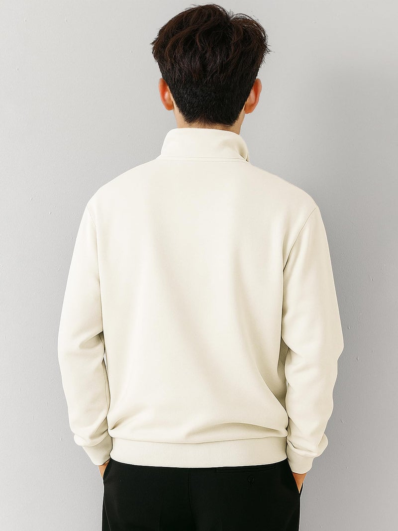 Jump Cuts Mens Solid Henley Neck Full Sleeve Cream Half Zipper LoopKnit Sweatshirt - Image 4